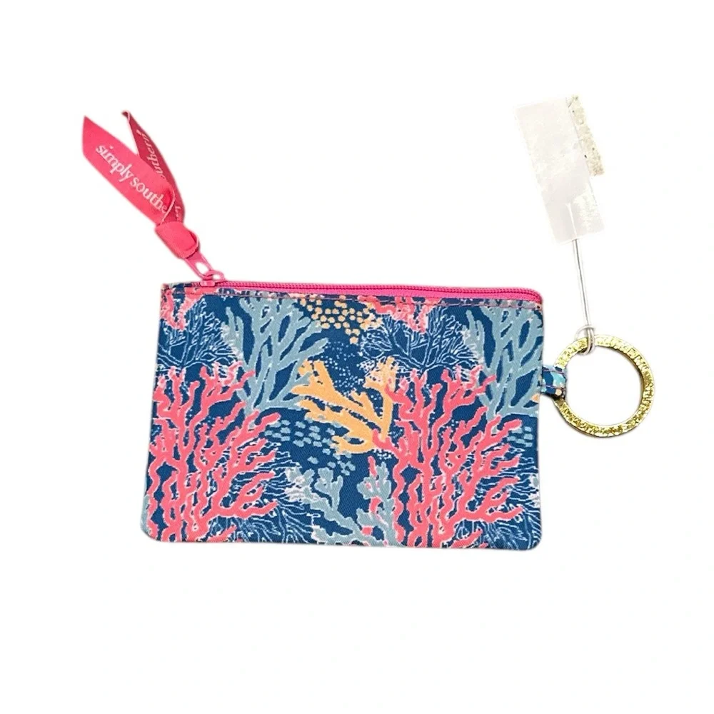 SIMPLY SOUTHERN KEY RING ID CARD HOLDER REEF PRINT PINK BLUE COIN PURSE